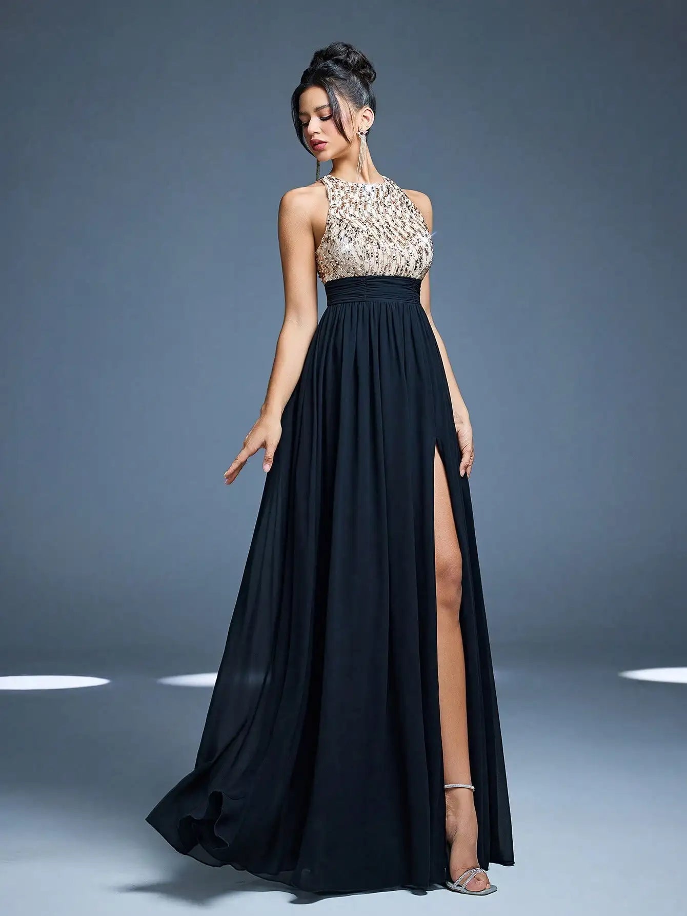 Robe de soirée longue chic haut en paillettes