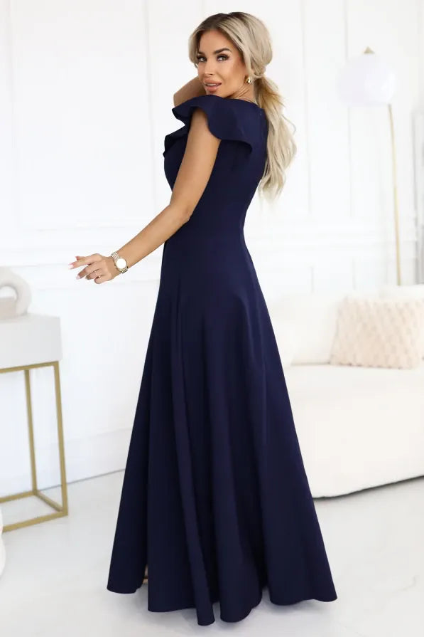 Robe de soirée longue fendue chic en bleu marine