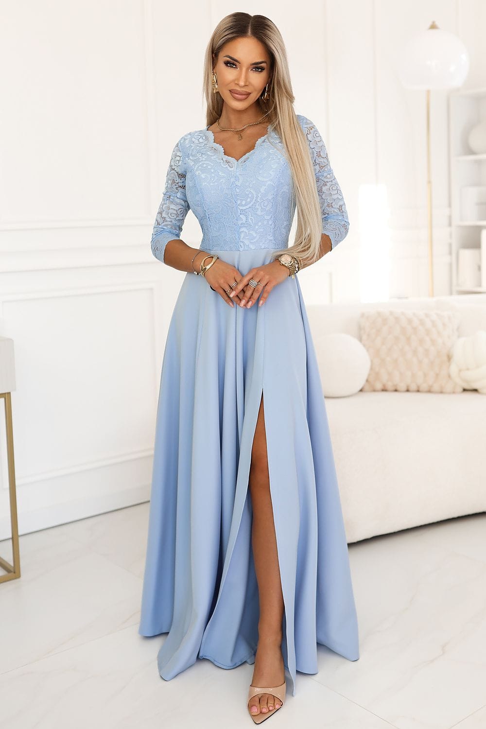 Robe de soirée mariage longue bleu manches 3/4 dentelle fendue élégante chic pour invitée événement formel