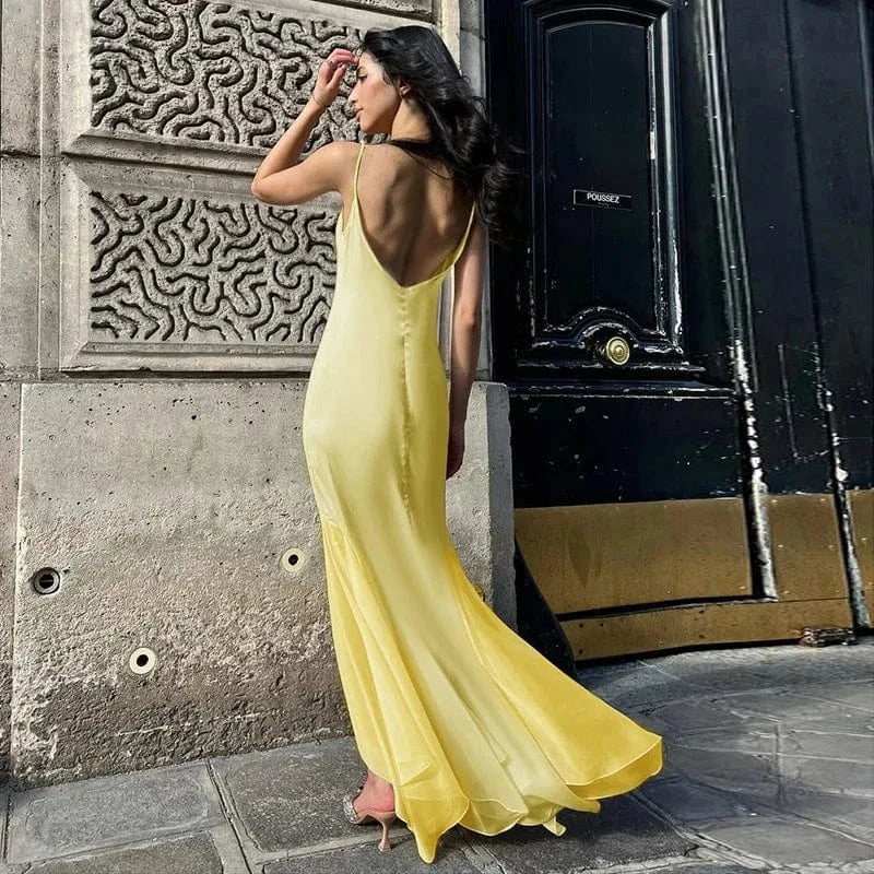 Robe longue dos nu jaune soirée chic élégante fluide pour mariage invité été femme tendance