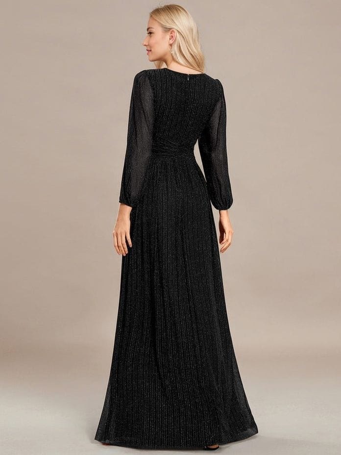 Robe de soirée chic noire longue manches longues trapèze élégante pour mariage invitée ou soirée habillée