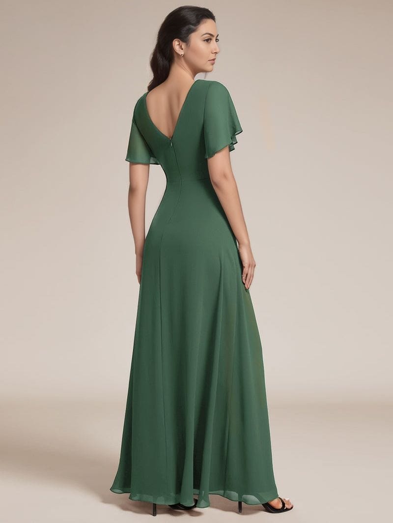 Robe de soirée longue verte élégante manches courtes fluide décolleté dos trapèze chic invitée mariage