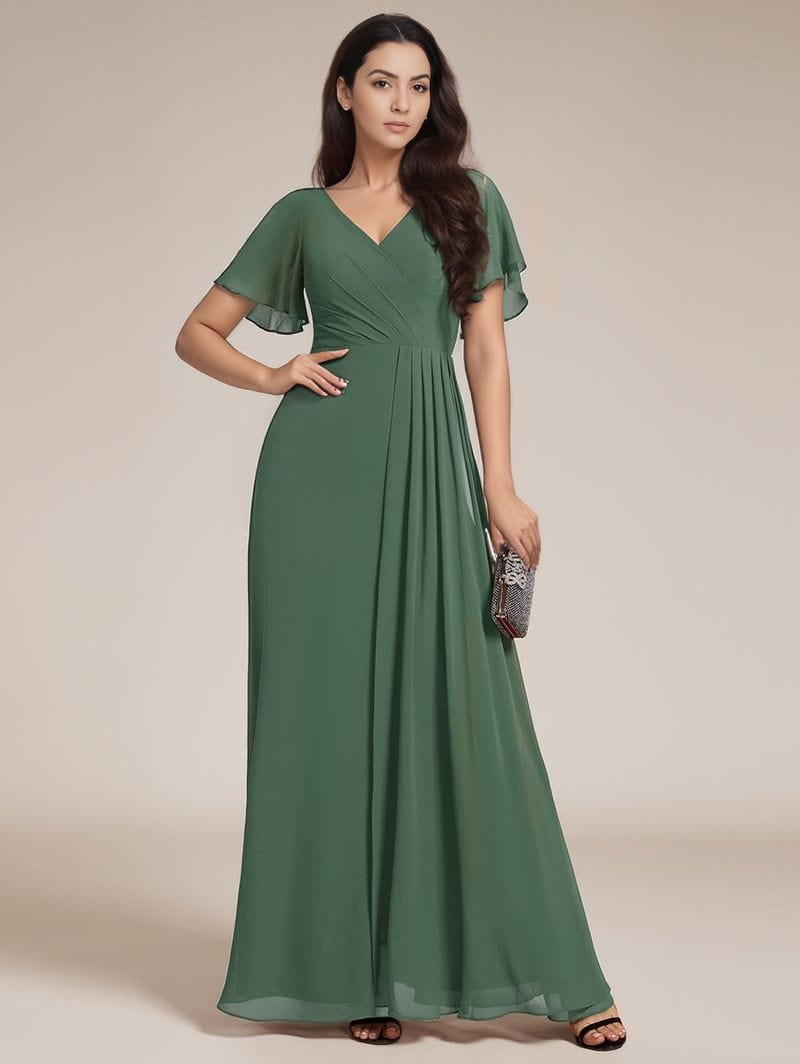 Robe longue soirée mariage verte trapèze fluide manches courtes chic élégante pour invitée femme