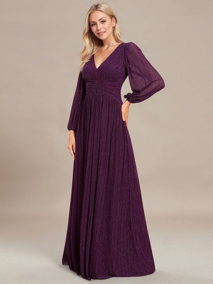 Robe de soirée chic longue violette manches longues bohème fluide femme élégante idéale pour mariage invité
