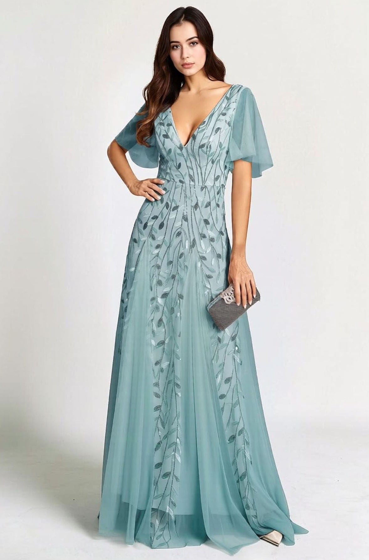 Robe de soirée mariage longue bohème bleu manches courtes décolleté fluide femme avec pochette élégante