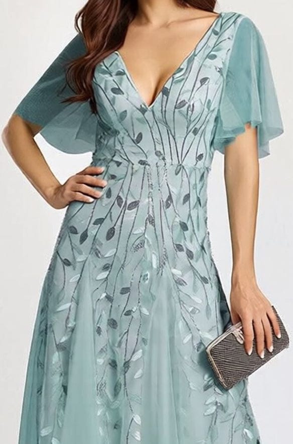 Robe de soirée mariage longue manches courtes verte fluide décolleté élégante avec pochette assortie