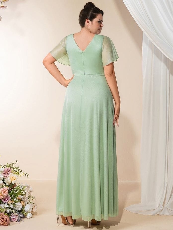 Robe de soirée mariage longue verte grande taille fluide manches courtes élégante femme cérémonie