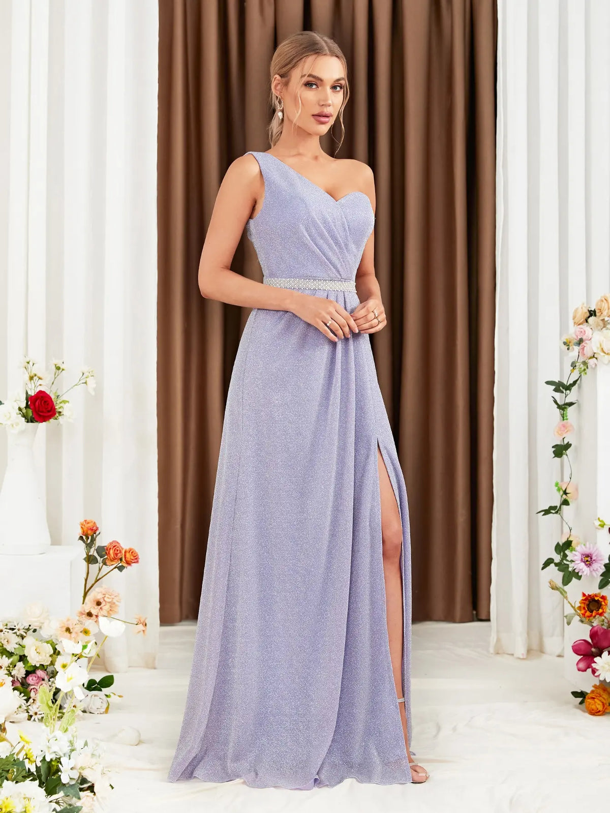 Robe de soirée mariage lilas avec ceinture