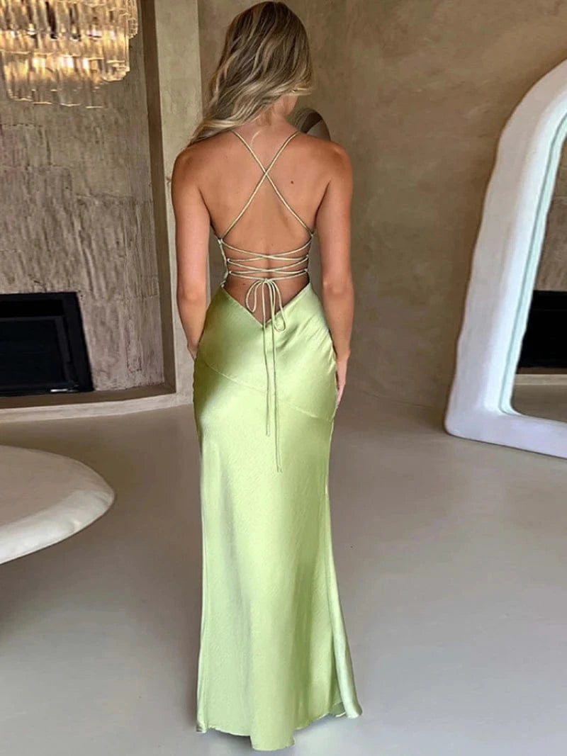 robe soirée mariage sexy dos nu satin longue moulante sans manches élégante et chic pour invitée