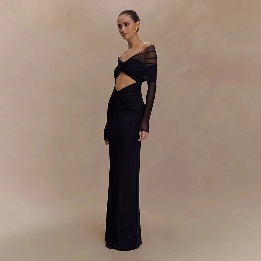 Robe de soirée chic noire longue moulante dos nu manches longues élégante pour événement habillé femme