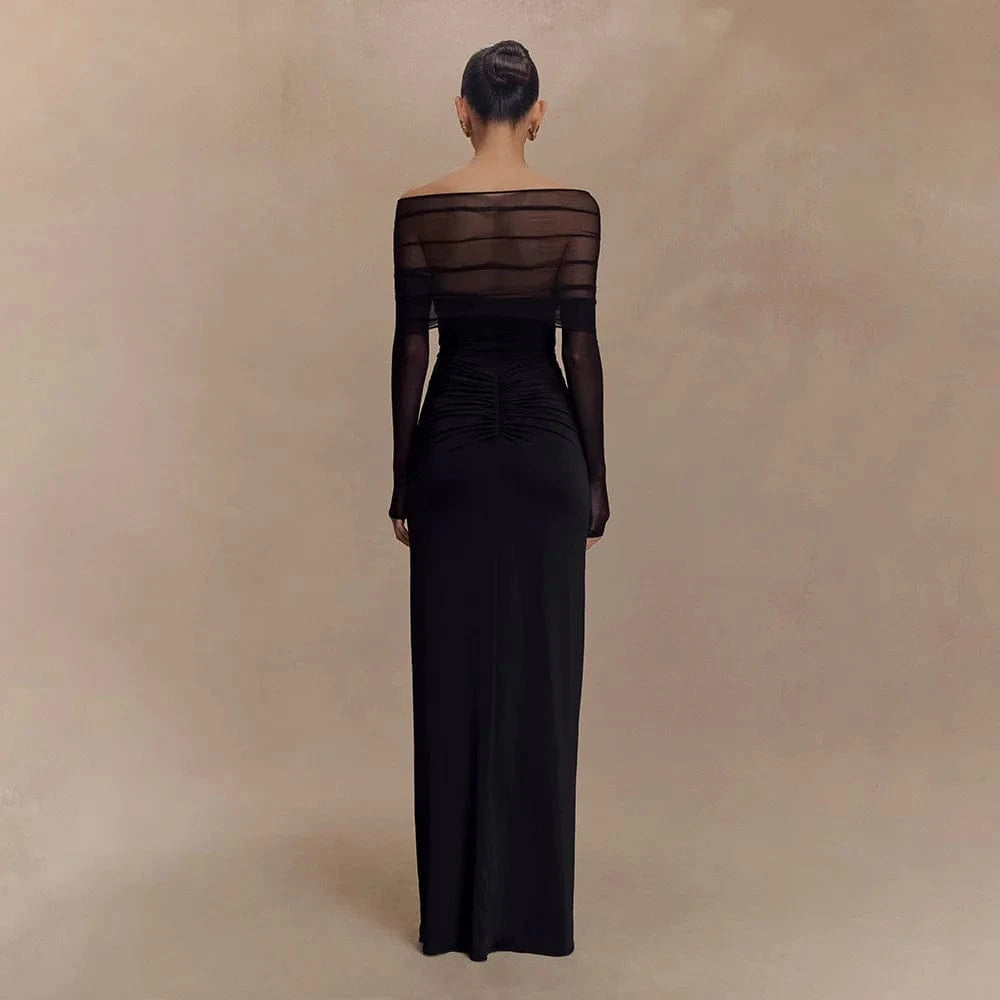 Robe de soirée chic noire longue moulante à manches longues transparentes dos nu pour évènement élégant