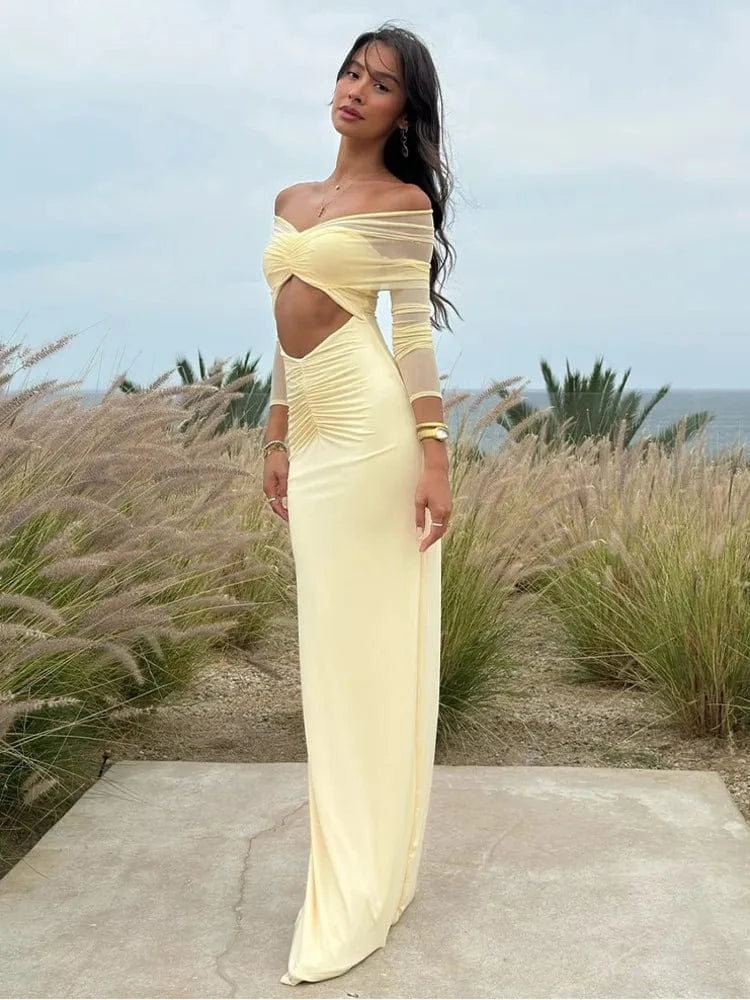 Robe longue jaune élégante dos nu soirée été moulante manches longues décolleté chic femme plage