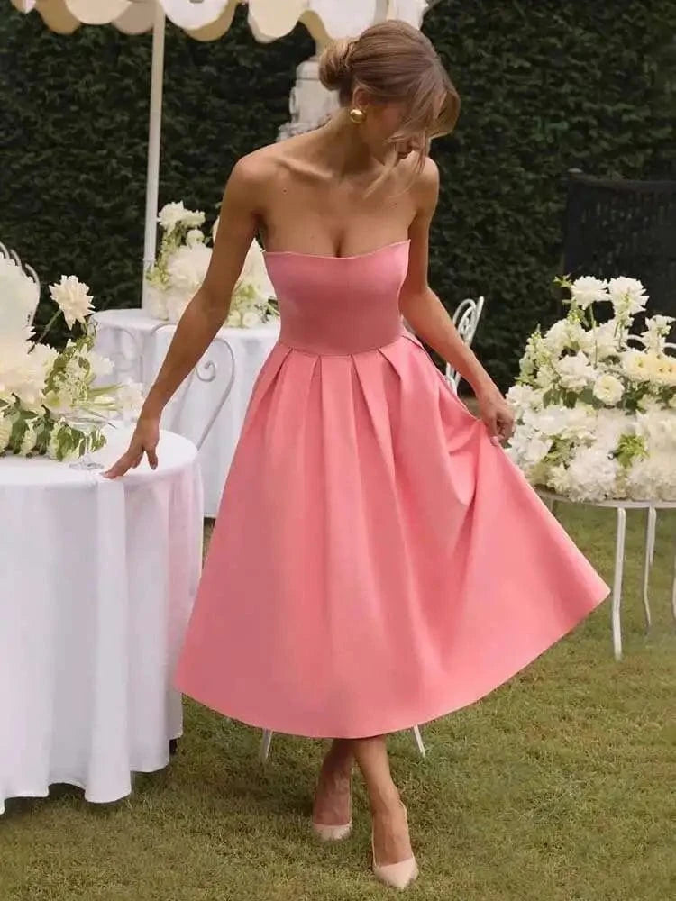 Robe de cocktail bustier rose midi élégante pour mariage invité chic, idéale été, silhouette trapÚze