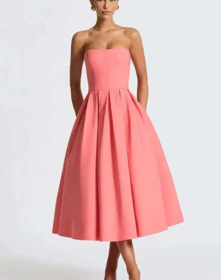 Robe cocktail bustier rose midi trapèze élégante pour soirée chic invitée mariage ou événement spécial