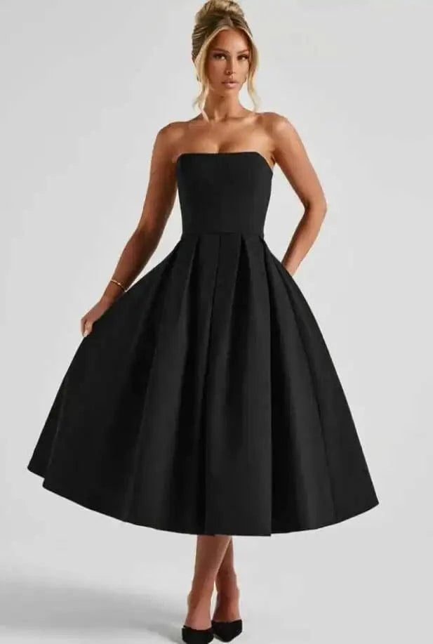 Robe de soirée chic noire bustier midi évasée sans manches élégante parfaite pour mariage invitée