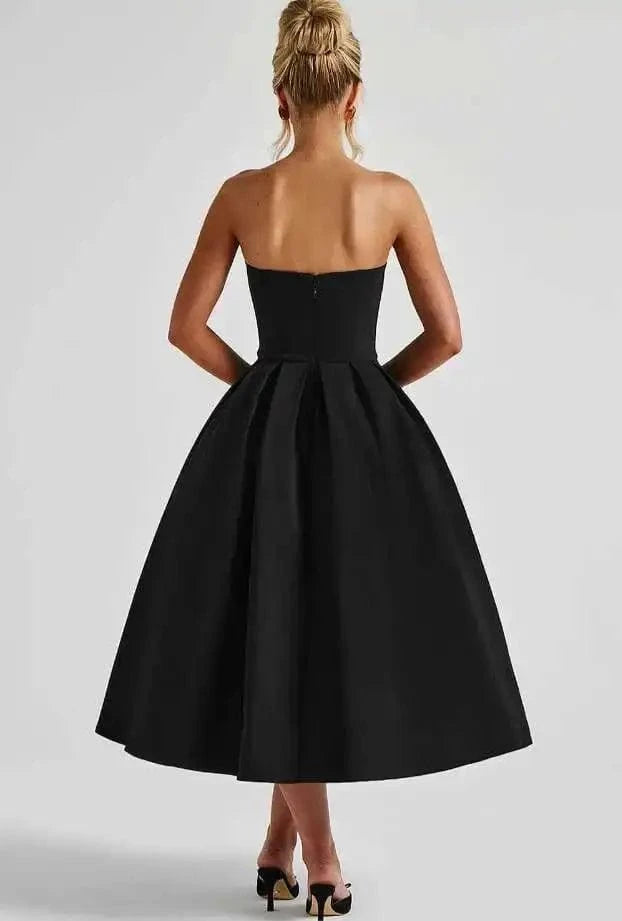 Robe de soirée chic noire bustier longue trapèze sans manches élégante pour évènement cocktail ou mariage