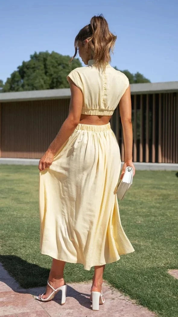 robe soirée chic midi fluide col halter sans manches élégante pour mariage été ou cocktail
