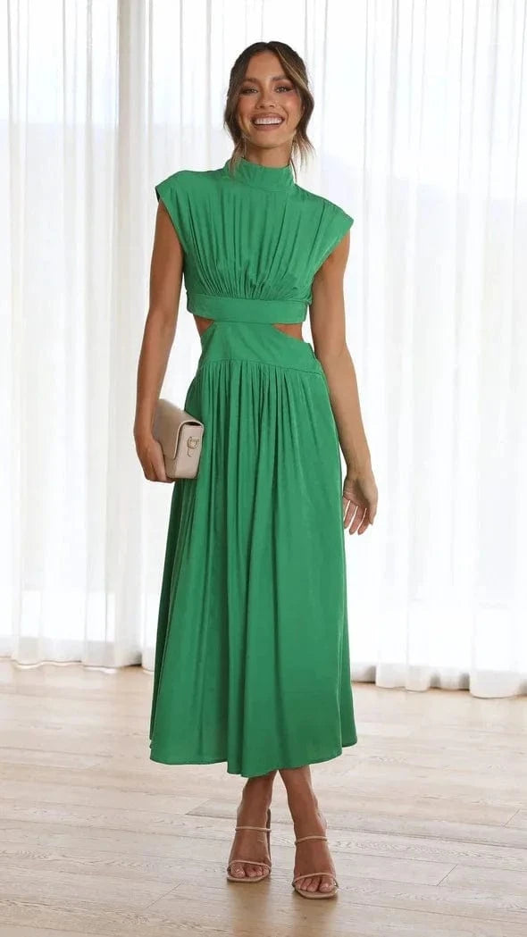robe de soirée chic midi fluide beige col halter élégante pour cocktail ou mariage invité