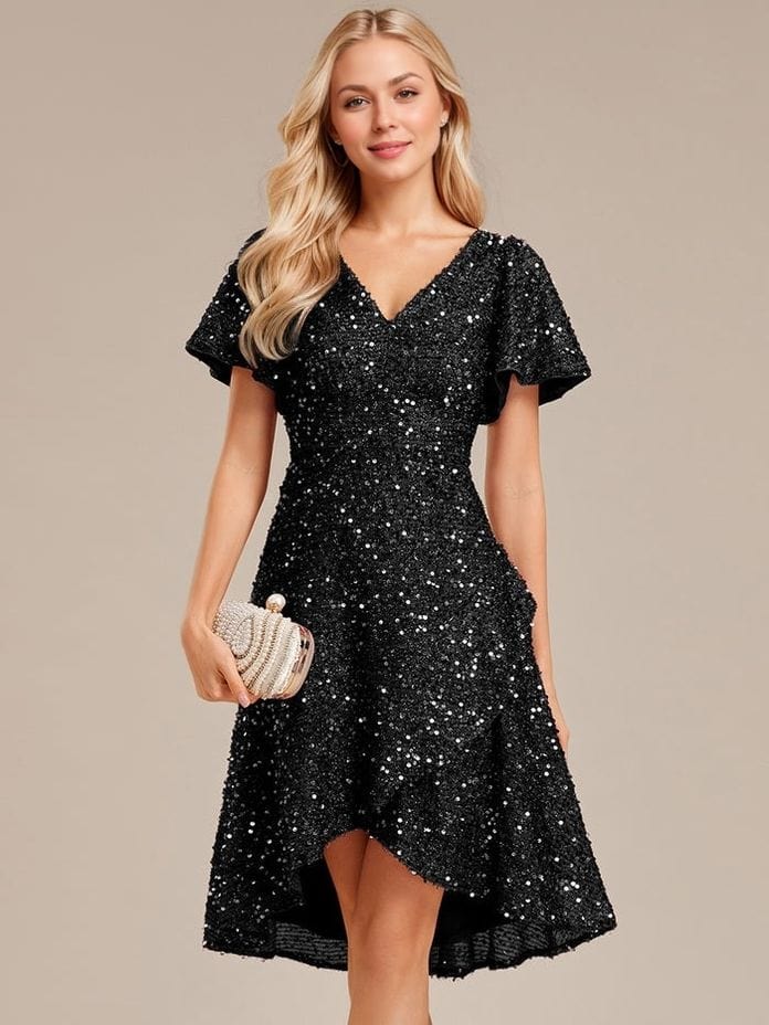 Robe de soirée paillette noire courte évasée manches courtes décolleté accessoire pochette perles chic