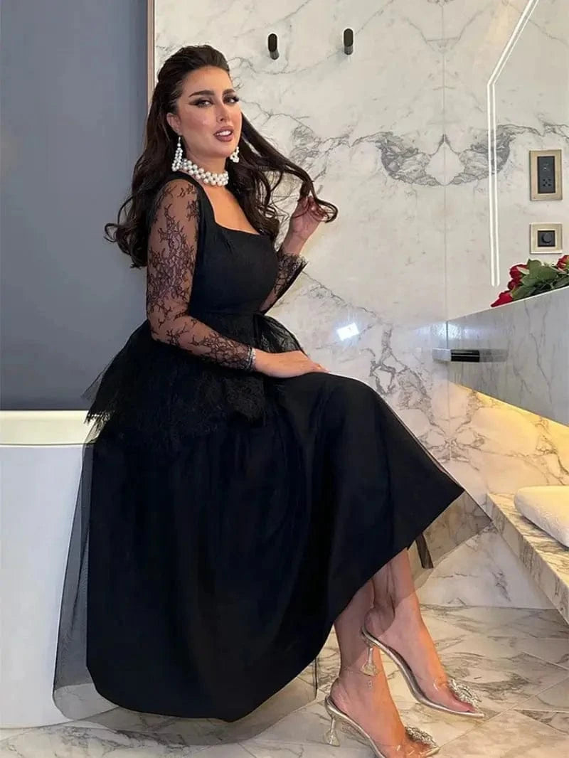 Robe de soirée chic noire midi manches longues dentelle élégante, idéale pour mariage ou événement habillé