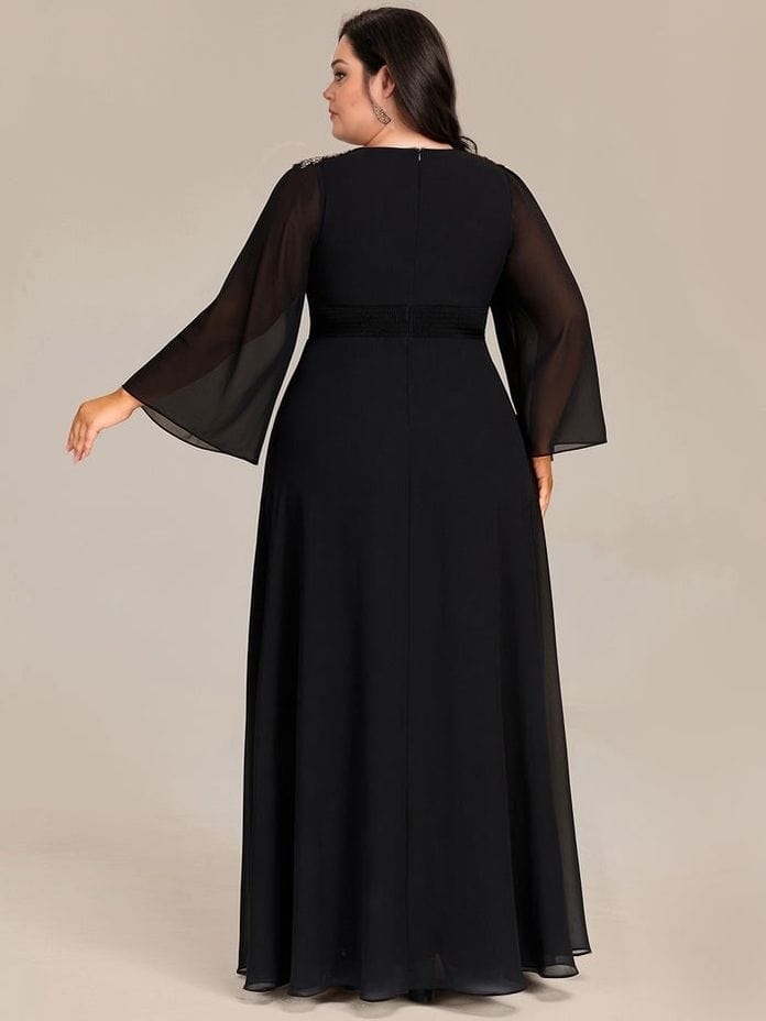 Robe de soirée mariage noire grande taille longue manches longues fluide élégante pour femme ronde