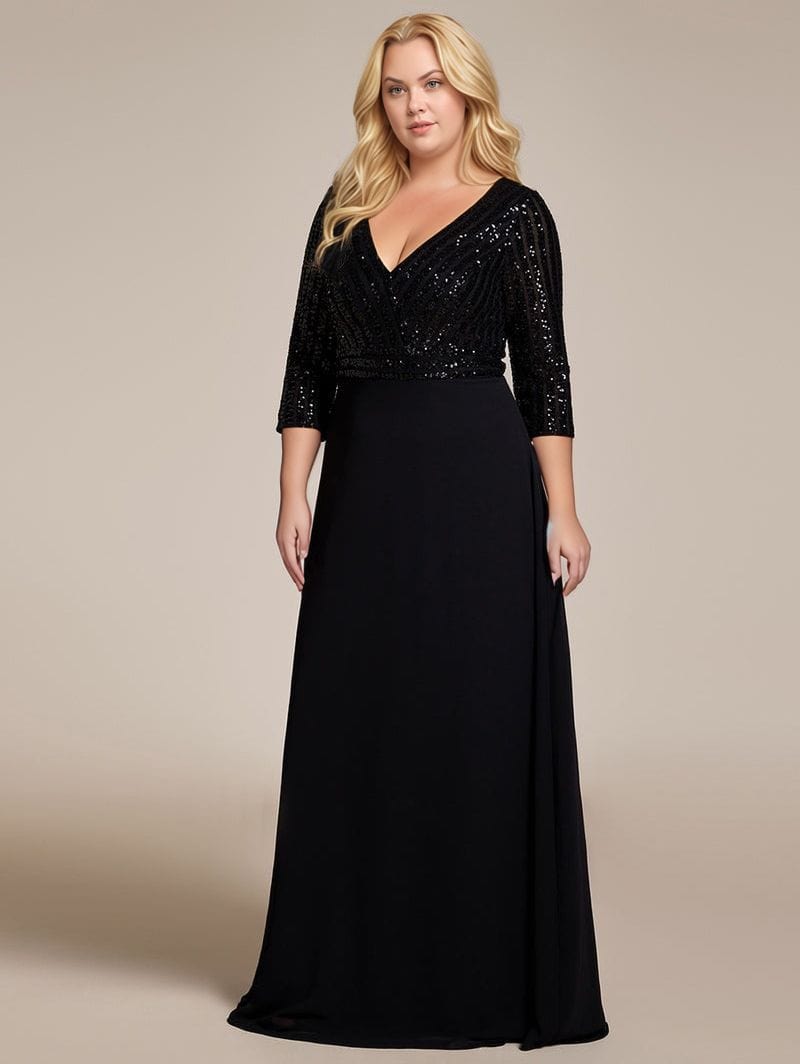 Robe de soirée grande taille chic noire longue manches 3/4 décolleté élégante pour évènement habillé