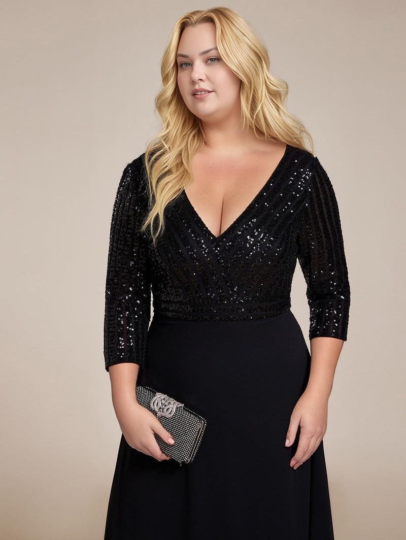 Robe de soirée grande taille noire manches longues chic décolleté avec pochette strass élégante pour femme