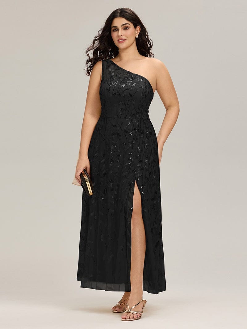 Robe de soirée mariage grande taille noire longue fendue une épaule chic avec pochette dorée élégante
