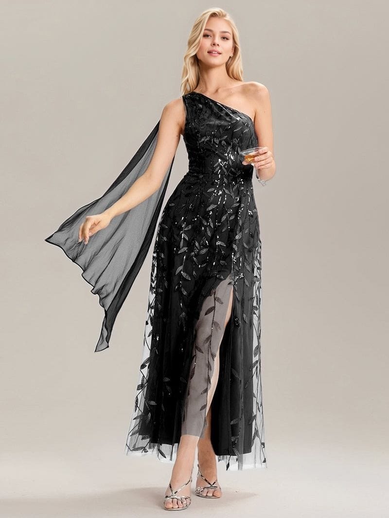 Robe de soirée chic noire longue asymétrique fendue à une manche en tulle élégante pour cocktail ou gala