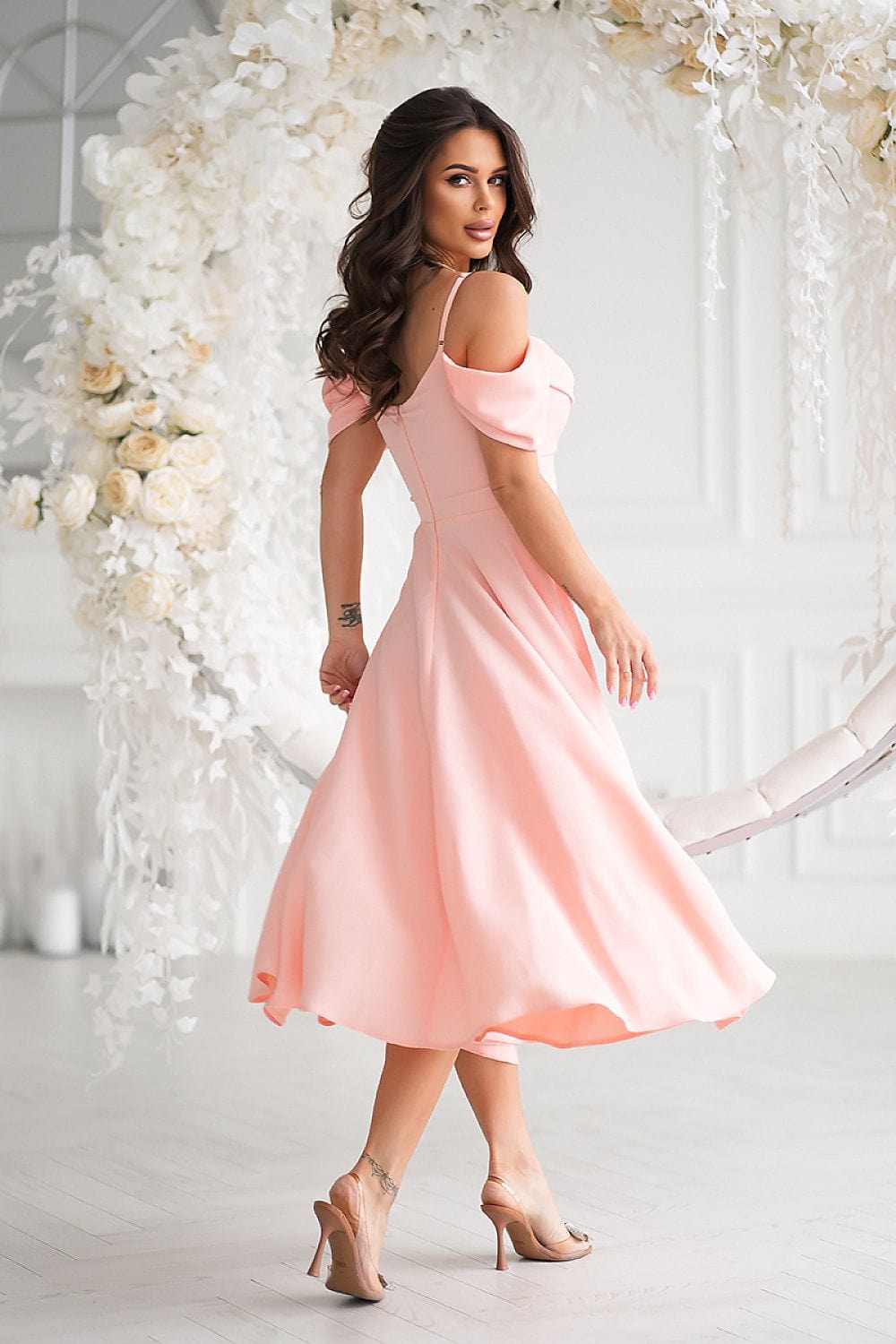 robe de soirée mariage midi chic fluide femme bleu élégante manches courtes trapèze invitée mariage