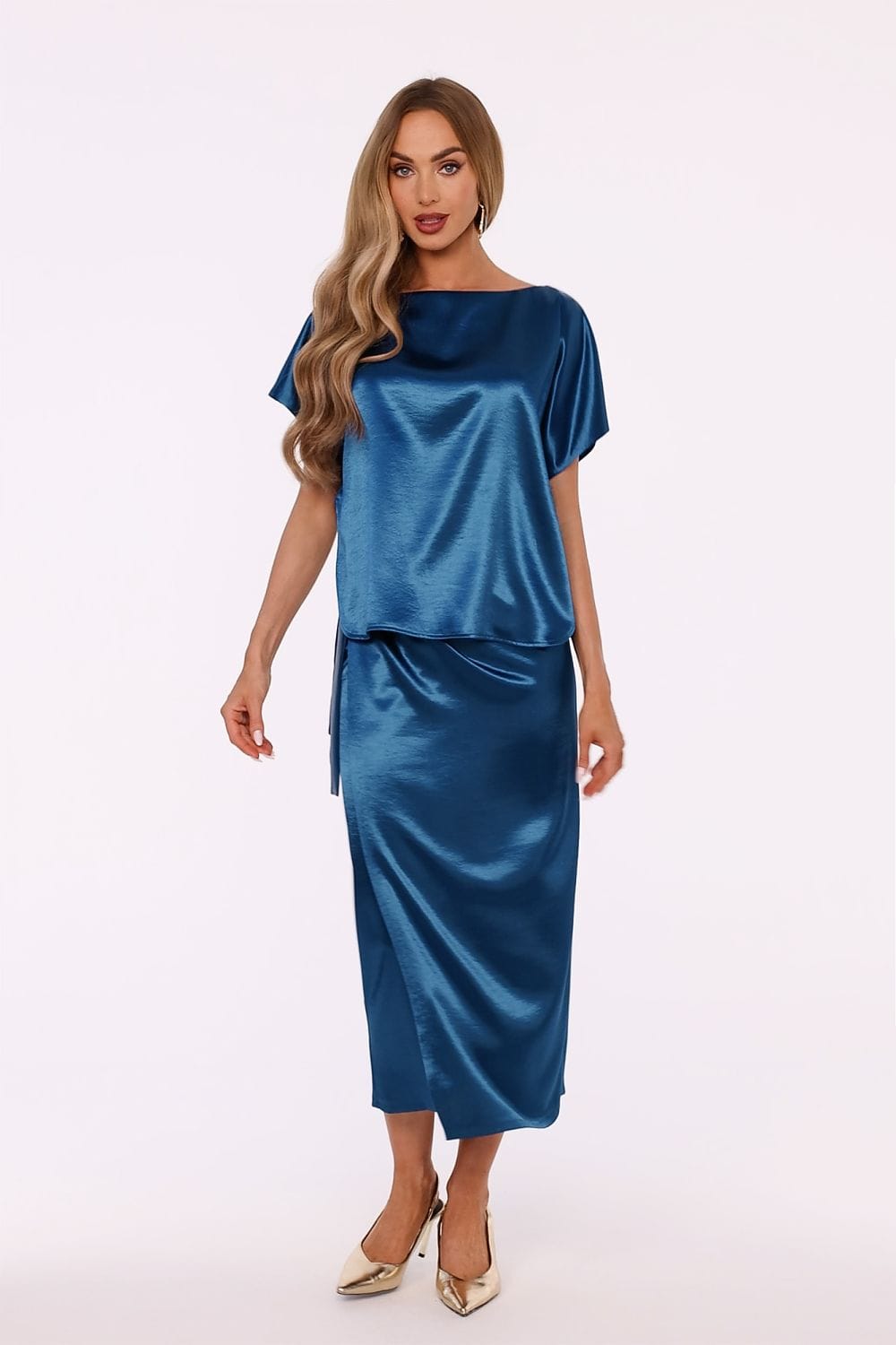 Robe satin bleu longue midi fluide soirée chic manches courtes élégante femme tendance pour mariage invité