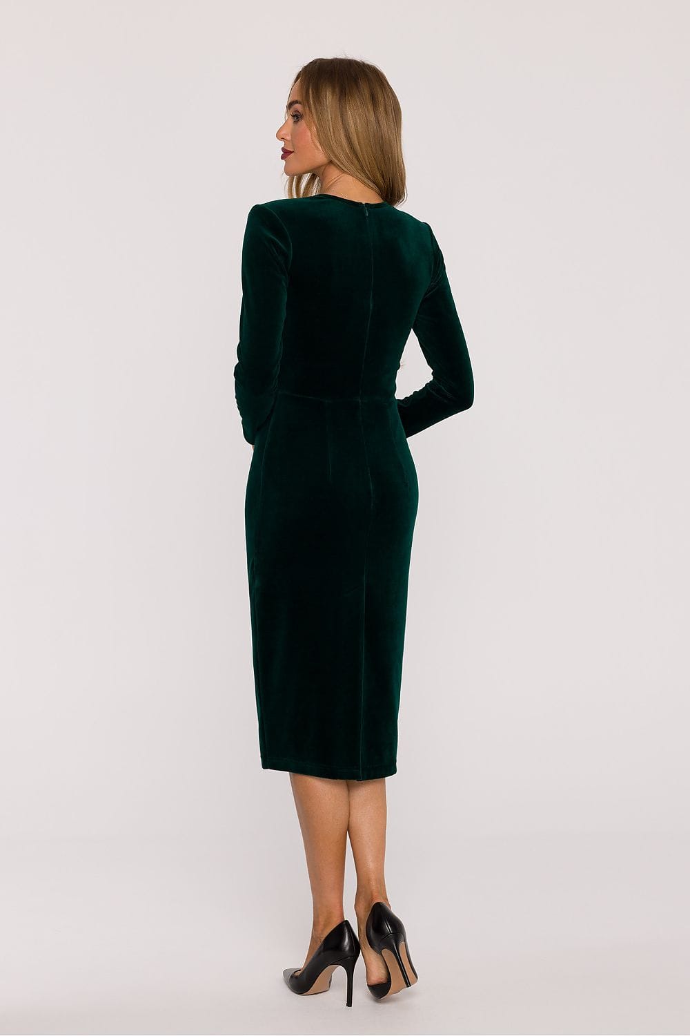 Robe de soirée chic verte midi moulante manches longues élégante pour évènement habillé ou cocktail femme