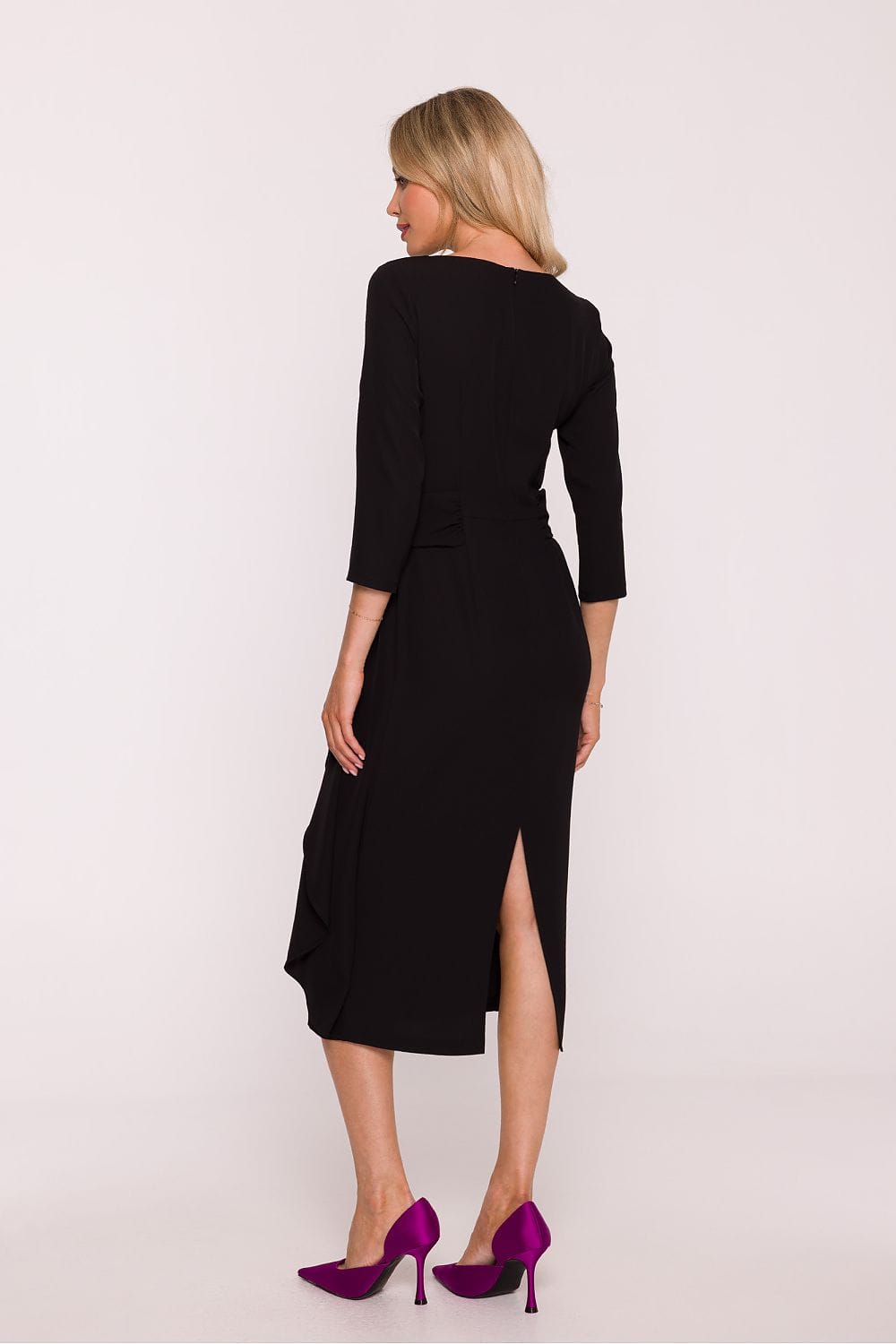Robe noire midi soirée chic fendue manches longues élégante pour mariage invité ou cocktail tendance femme