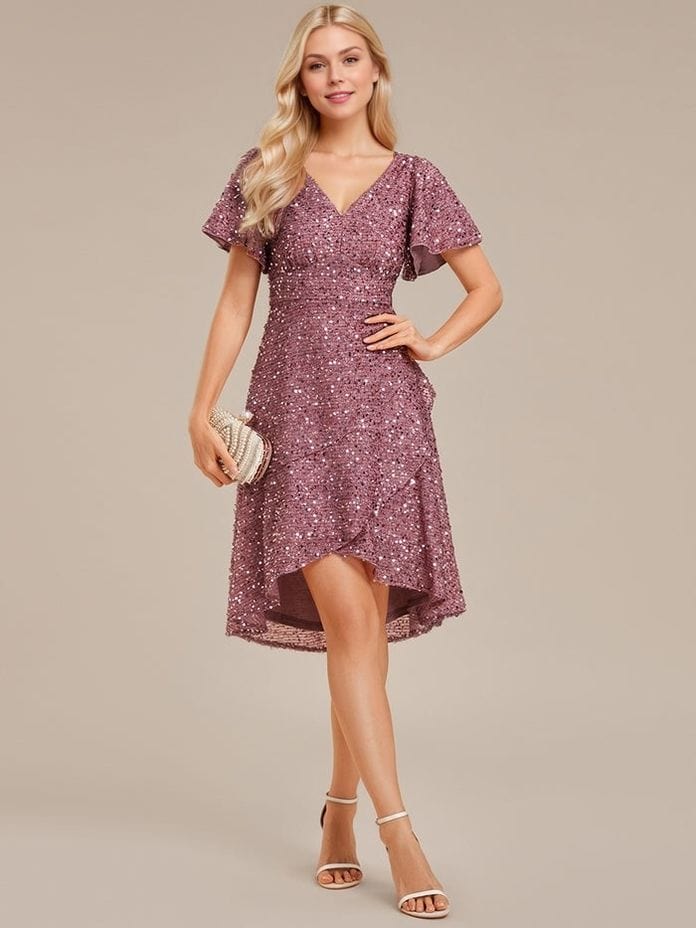 Robe de soirée chic courte violet manches courtes décolleté v femme avec pochette élégante et sandales