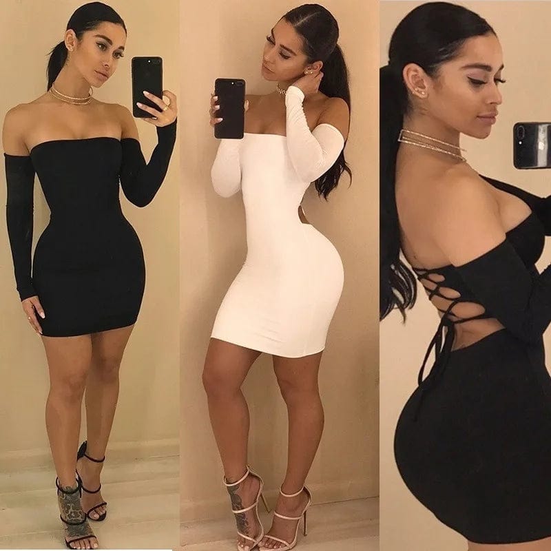 Robe de soirée sexy courte noire et blanche, style moulante à manches longues, épaules dénudées.