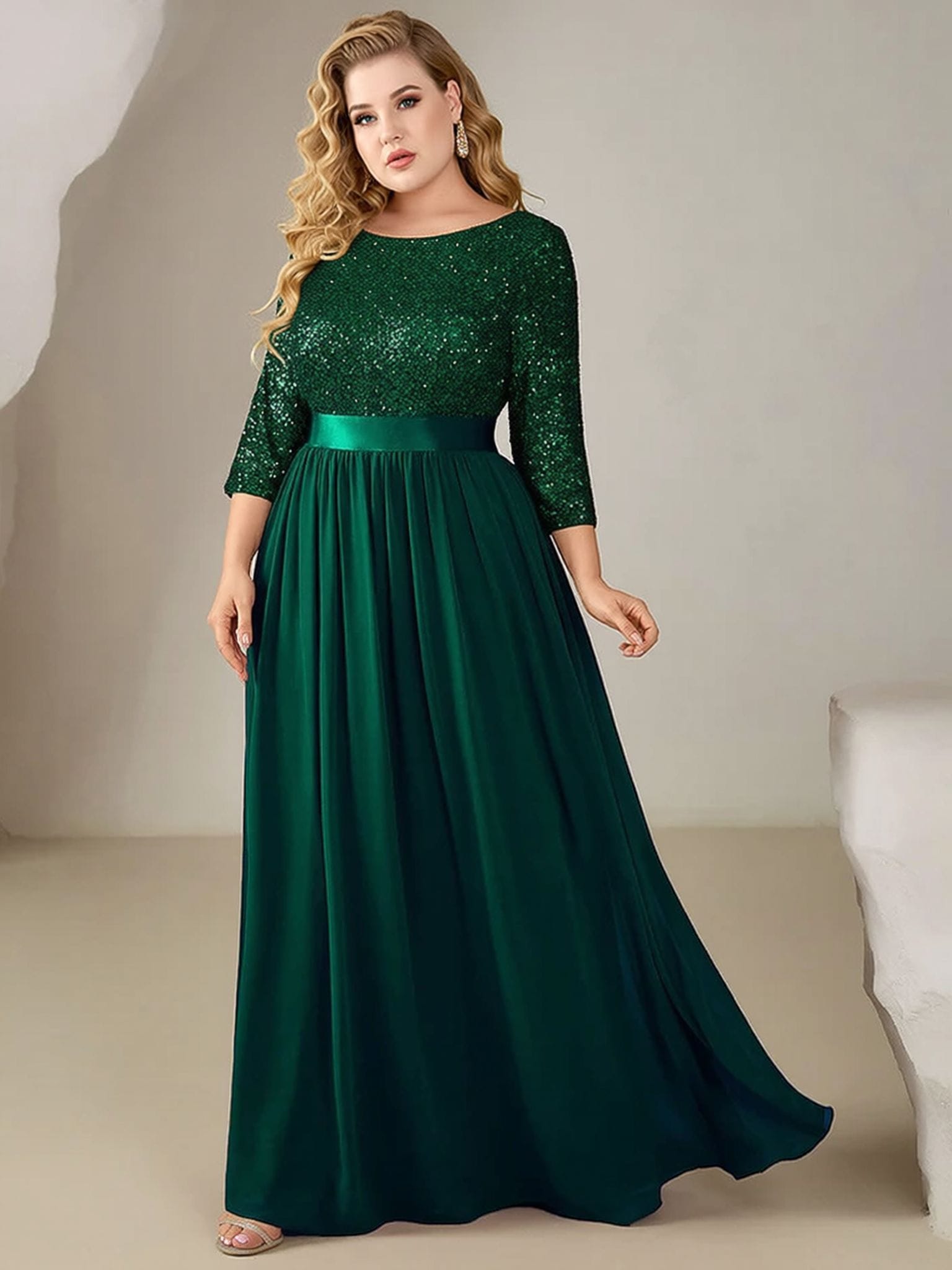 Robe de soirée mariage grande taille verte longue manches longues chic élégante pour femme élégante