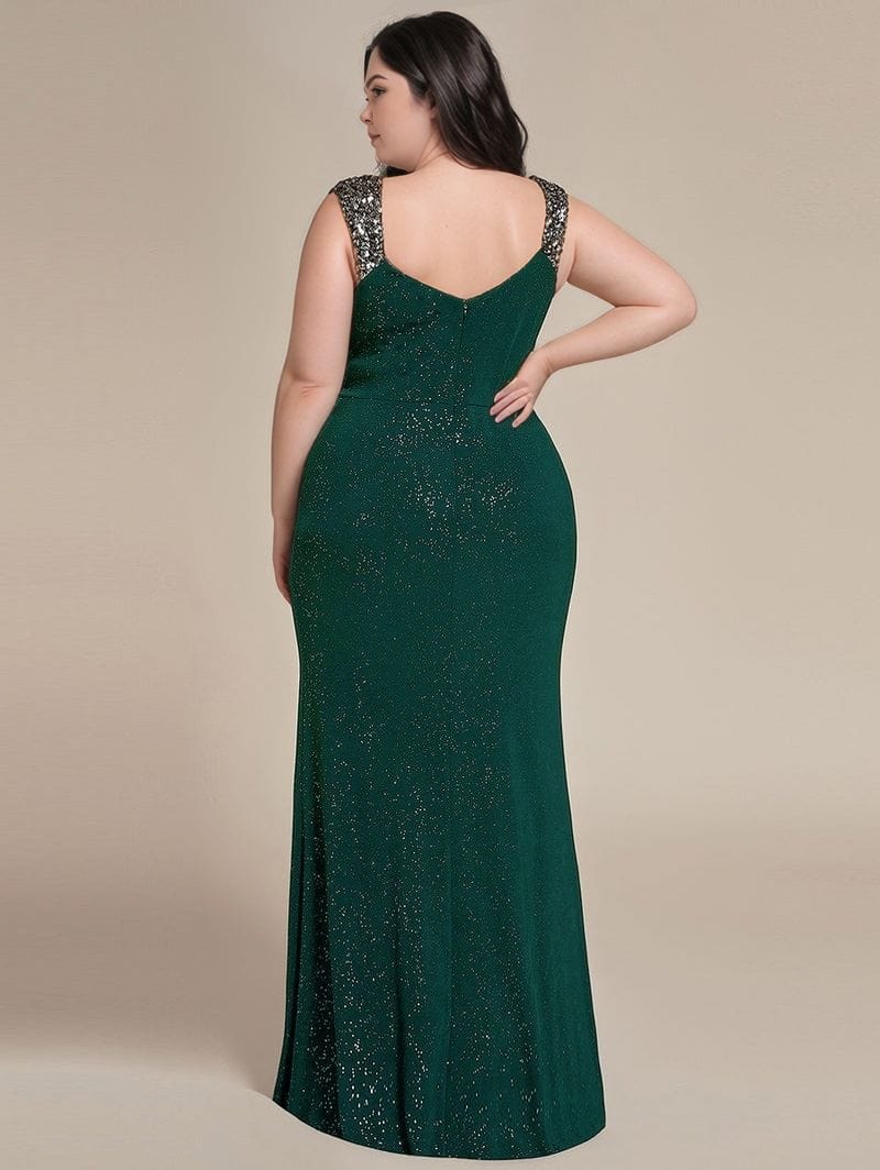 Robe de soirée grande taille chic verte longue moulante à bretelles larges pailletées pour mariage invité