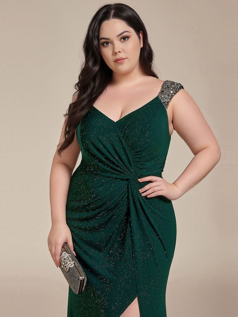 Robe de soirée grande taille chic verte longue avec fente et accessoires pochette brillante pour femme élégante