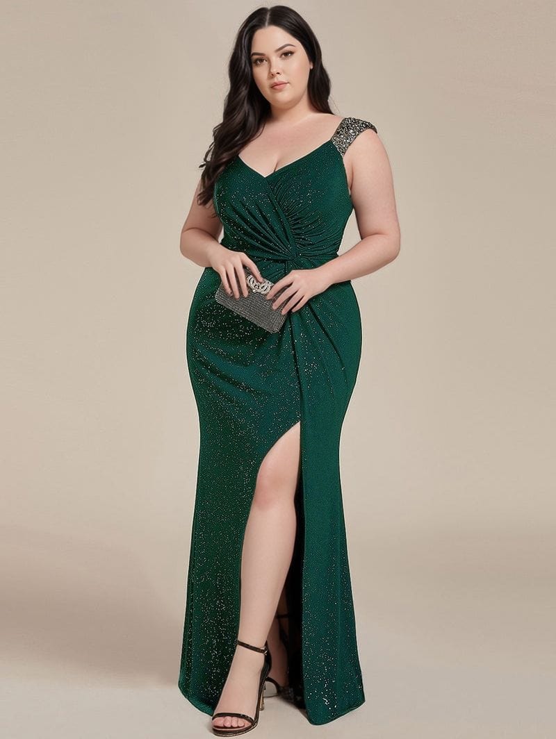 Robe de soirée grande taille chic longue verte fendue à paillettes avec pochette argentée élégante