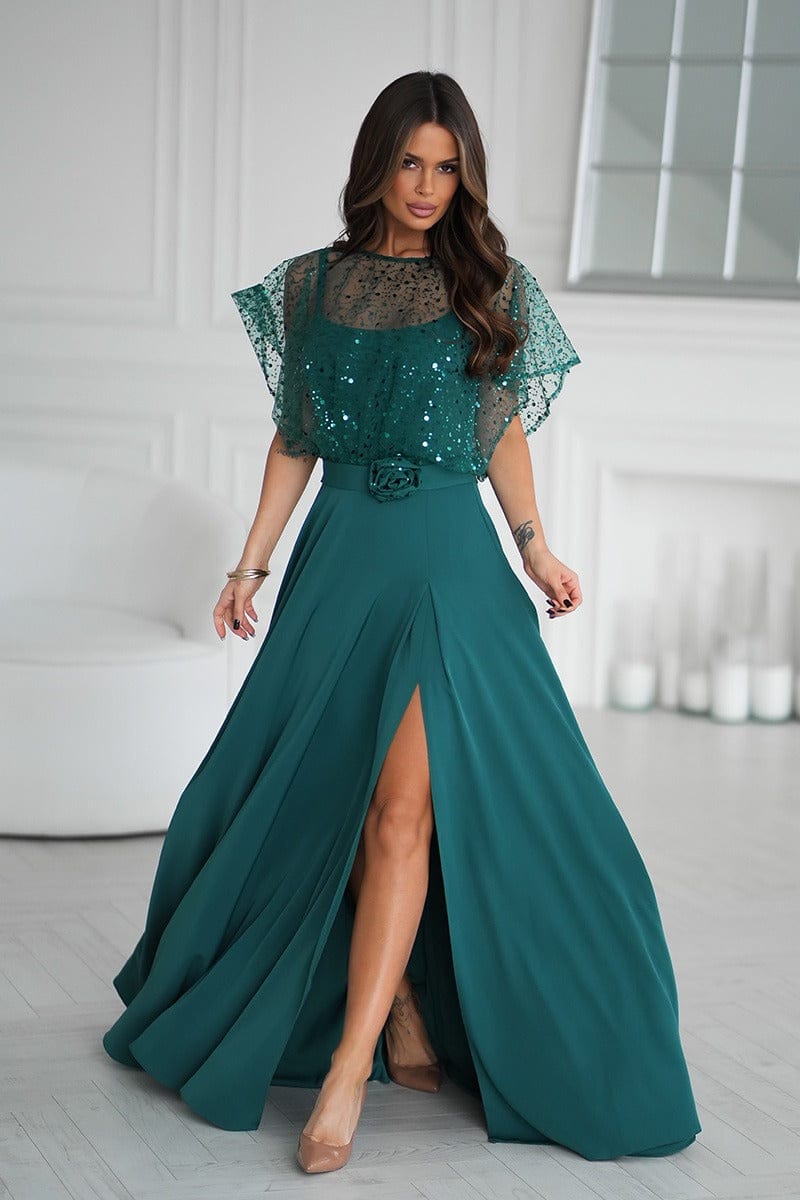 Robe de soirée longue verte fendue chic manches courtes élégante avec haut à sequins idéale événement élégant