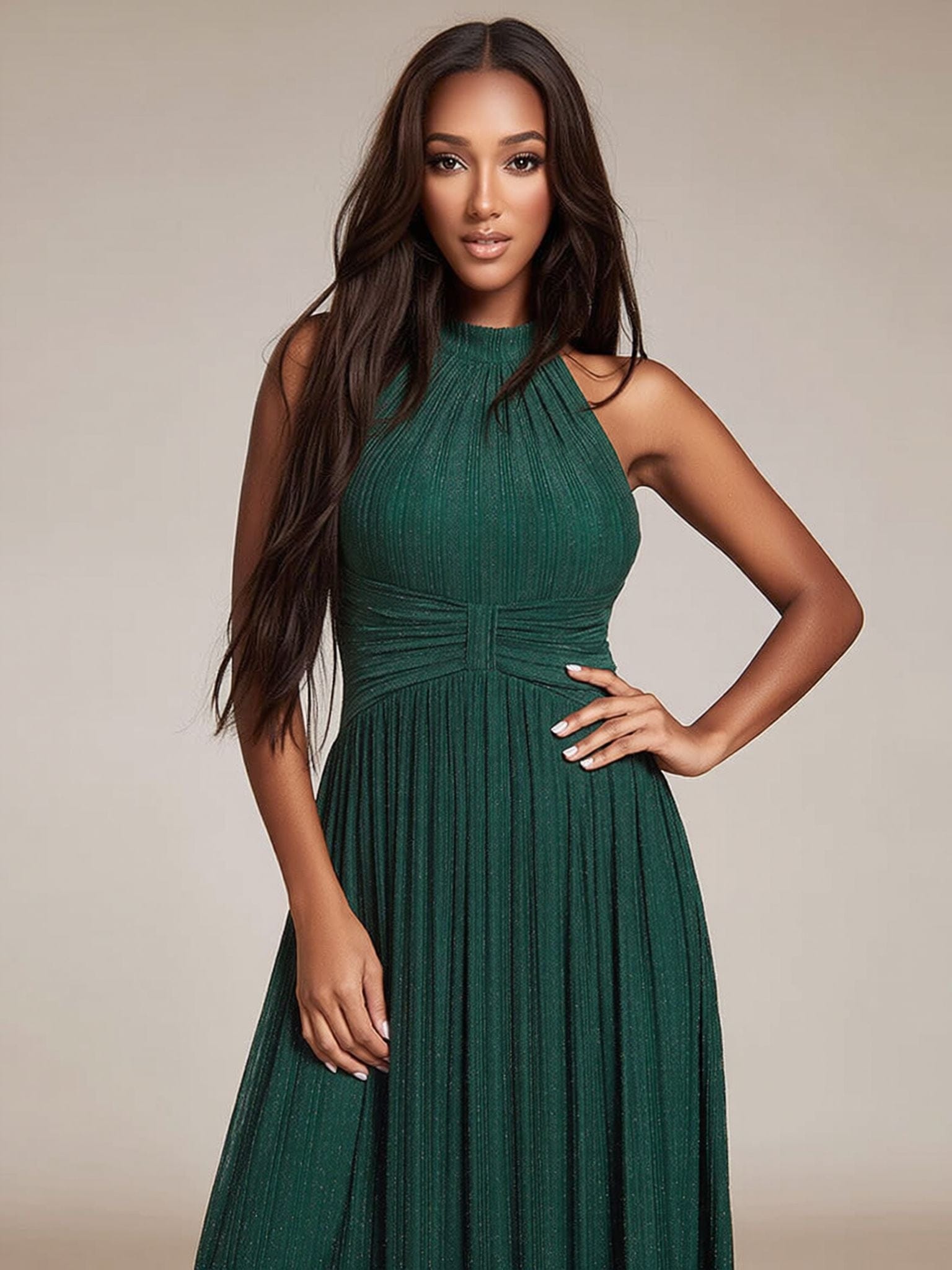 Robe longue verte élégante pour soirée chic, sans manches, coupe évasée, parfaite invitée mariage été