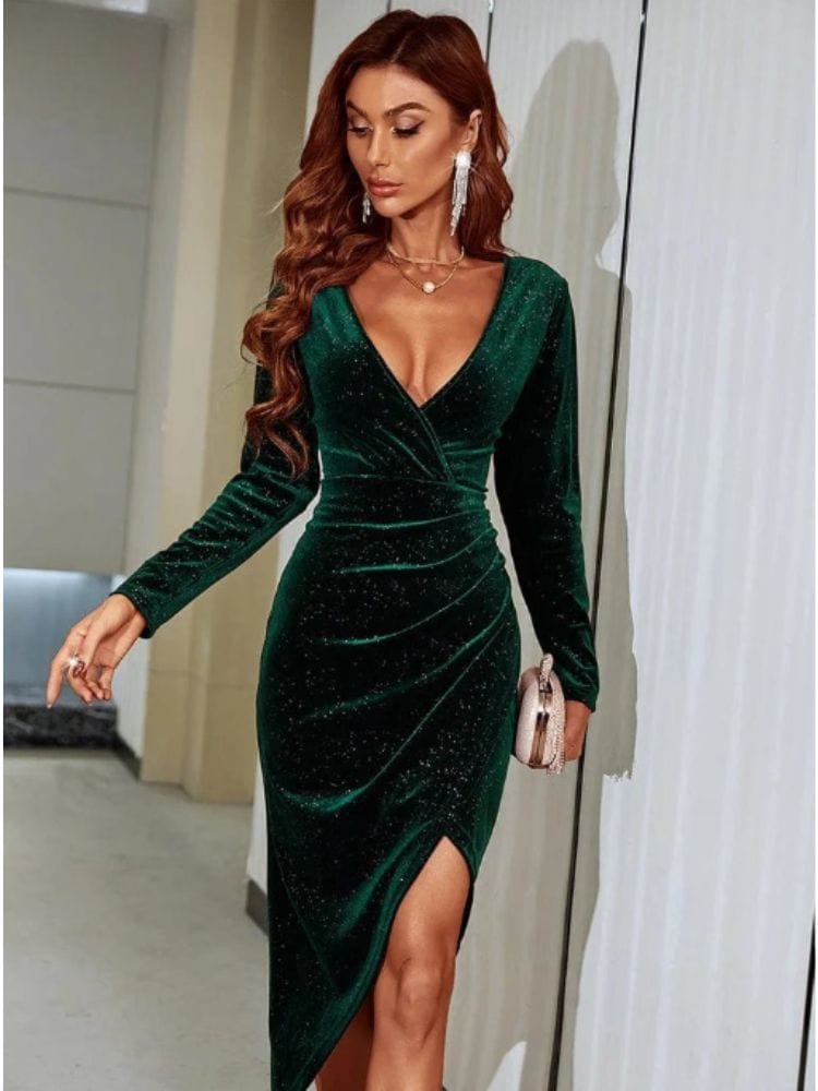 robe soirée sequin verte longue moulante chic manches longues pour soirée ou nouvel an élégant