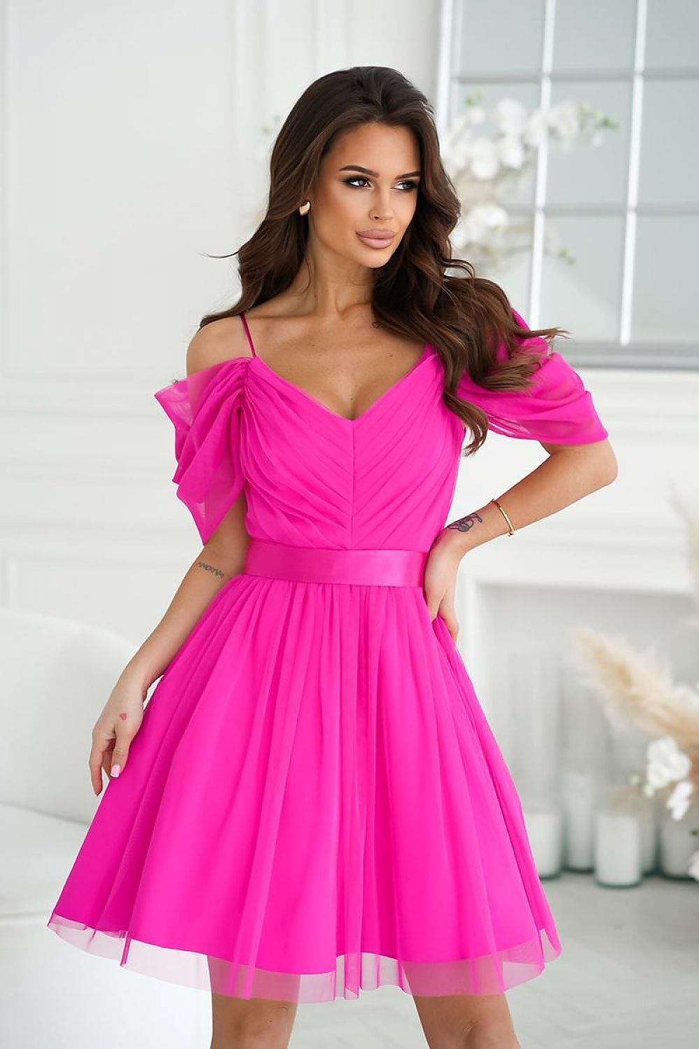 robe de cocktail tulle évasée longue sans manches pour soirée chic ou mariage invité élégant