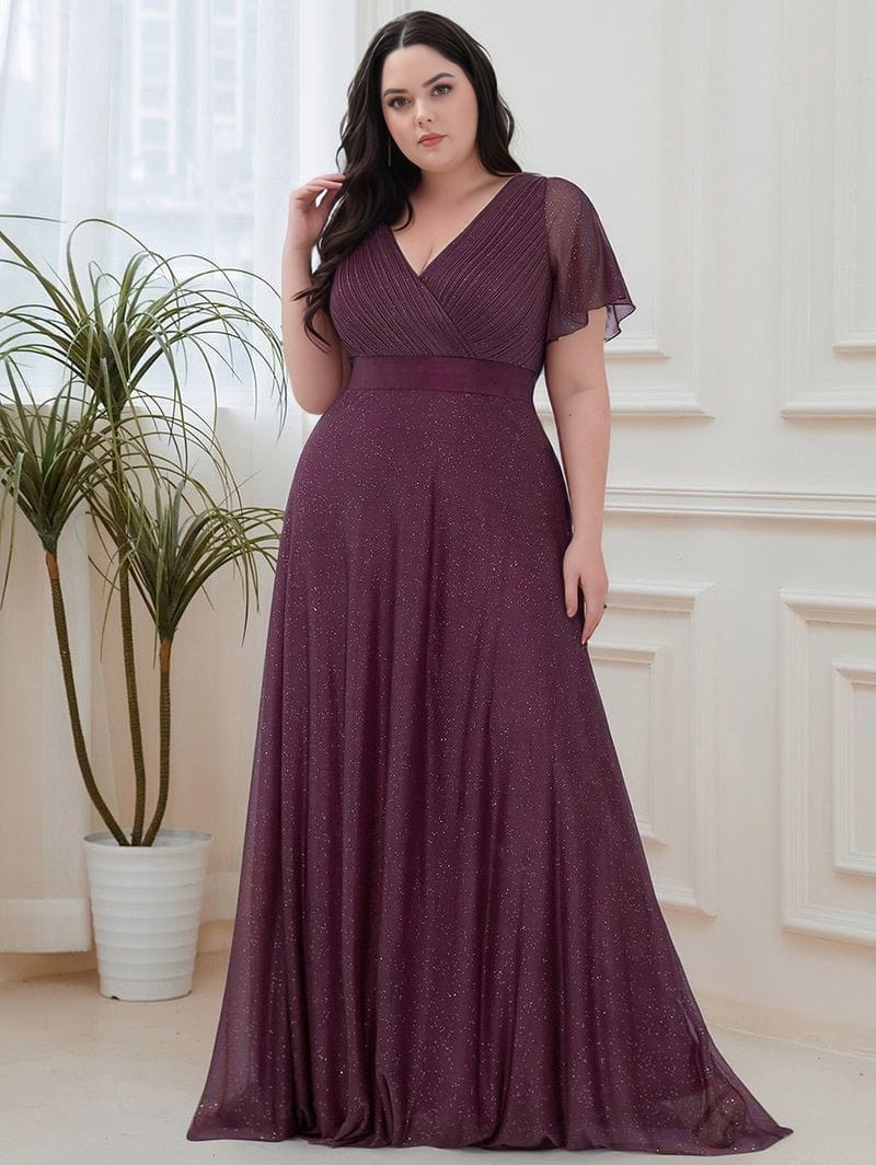 Robe de soirée grande taille longue princesse bordeaux manches courtes chic élégante pour mariage invité