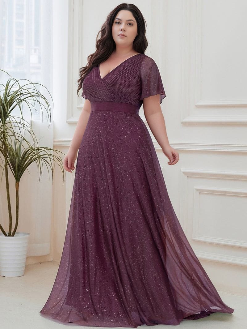 Robe de soirée grande taille longue prune manches courtes décolleté fluide chic élégante femme evenement