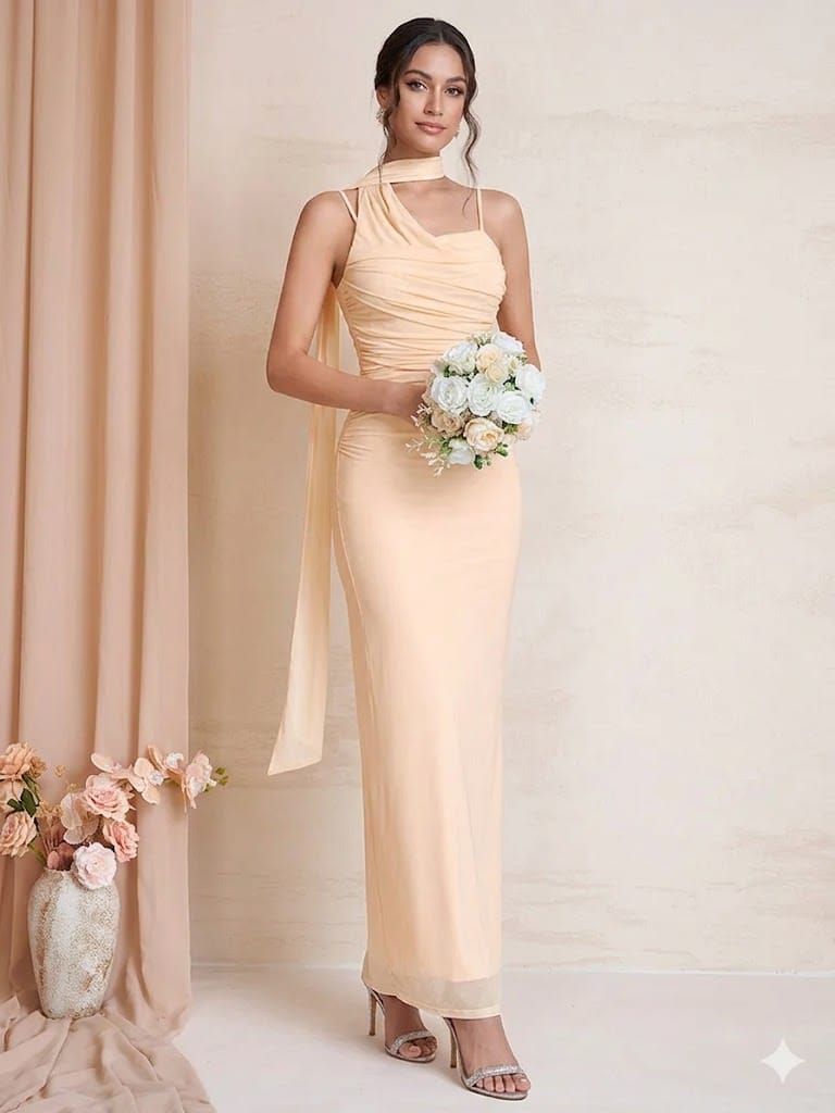Robe demoiselle d'honneur beige longue moulante