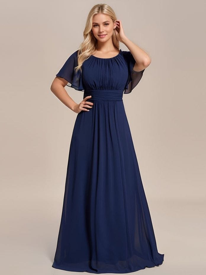 Robe de soirée longue bleu manches courtes chic fluide femme trapèze idéale mariage ou cocktail élégant
