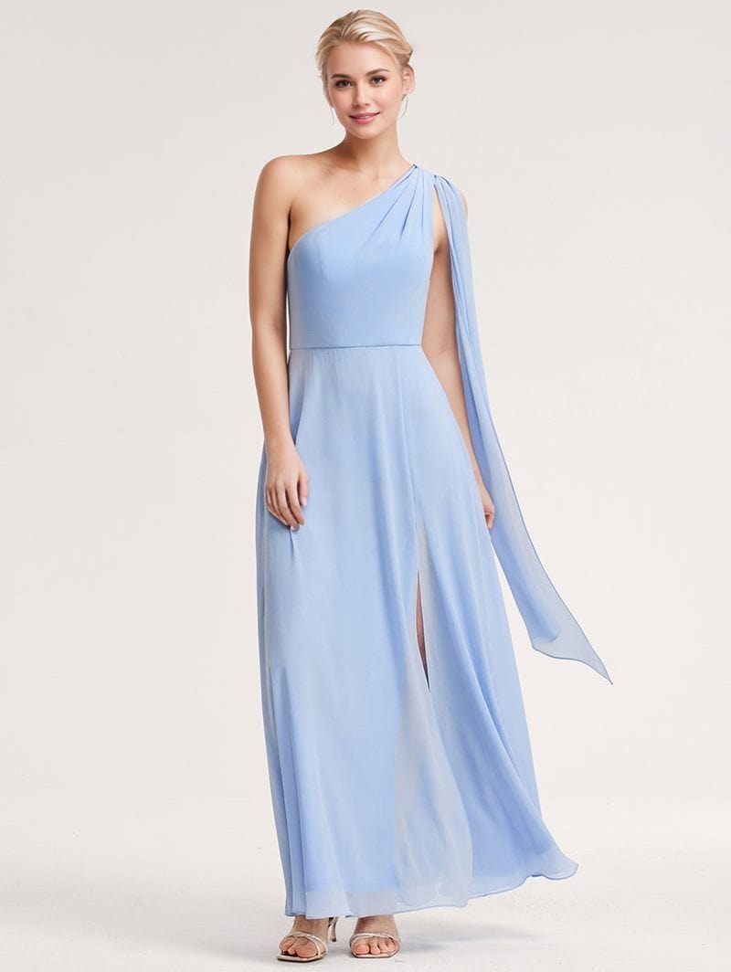 Robe de soirée mariage longue bleu fendue élégante une épaule pour invitée chic été, idéale demoiselle d’honneur