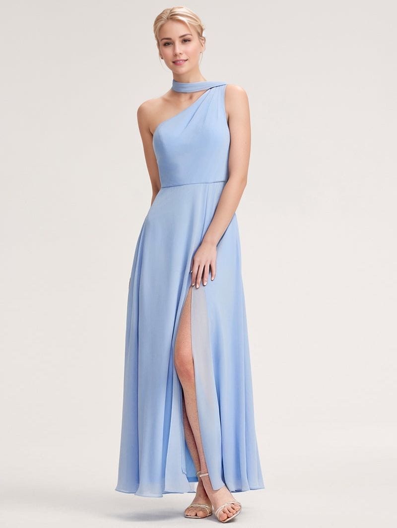 Robe longue bleue fendue pour soirée mariage chic décolleté asymétrique sans manches élégante femme