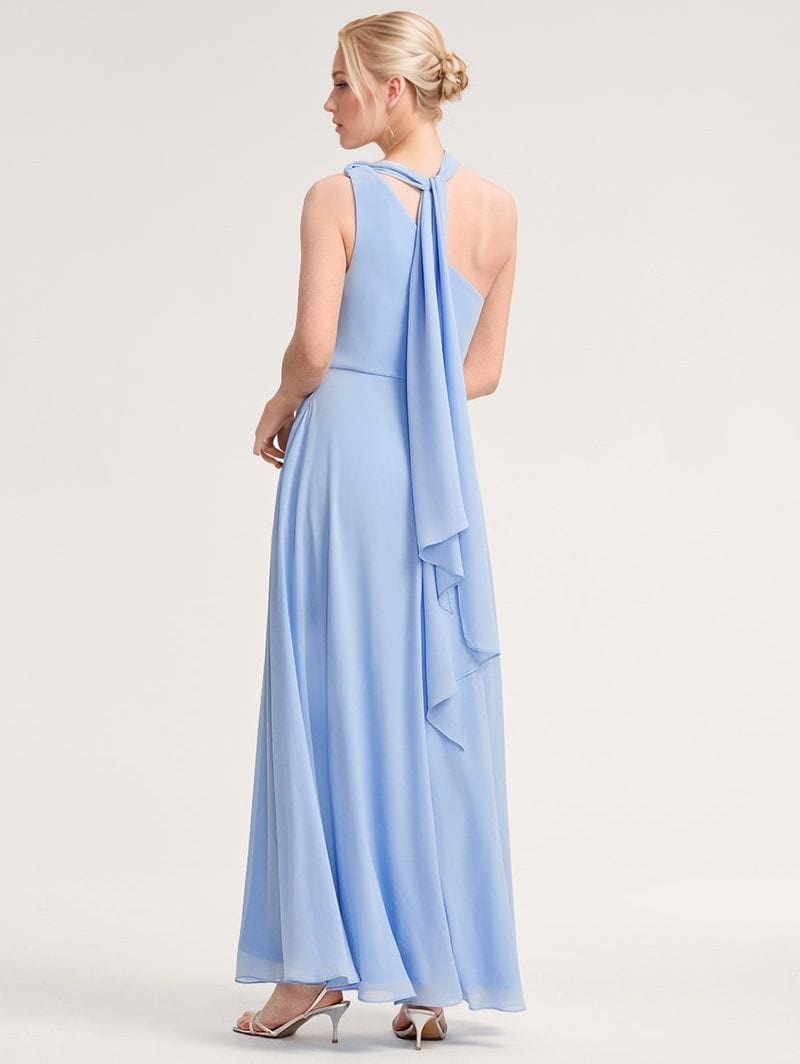Robe longue demoiselle d'honneur bohème bleu sans manches dos nu fluide été pour mariage invité chic